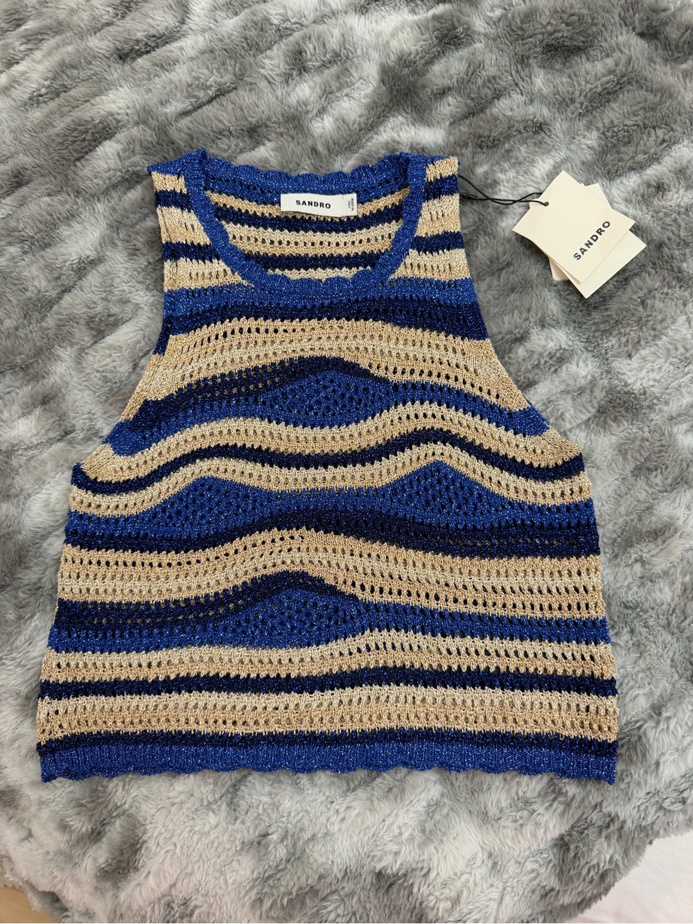Sandro Blue and Beige Crochet Stripe Tank
